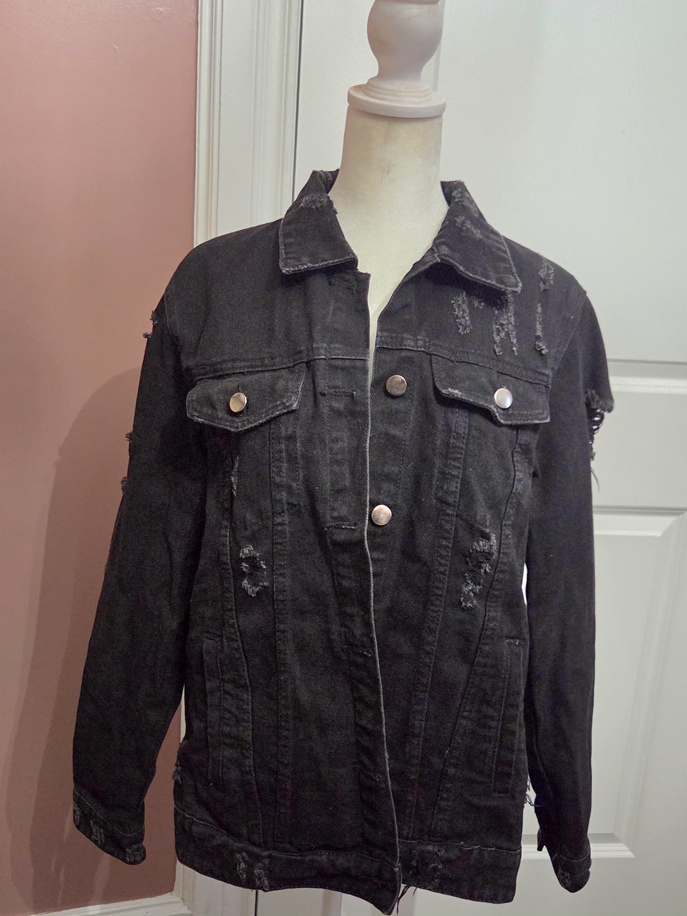 Black Distressed Denim Jacket - Women